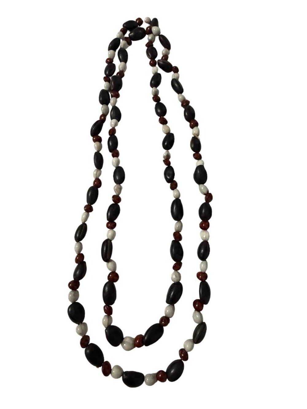 Vintage Handcrafted Wood Bead Necklace 52" Long Black Brown Cream Boho Tribal